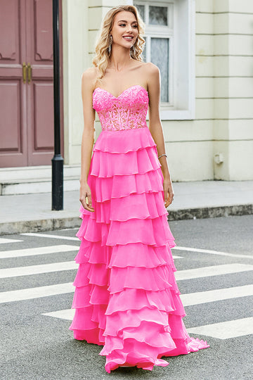 Gorgeous A Line Sweetheart Corset Hot Pink Formal Dress with Appliques Ruffles